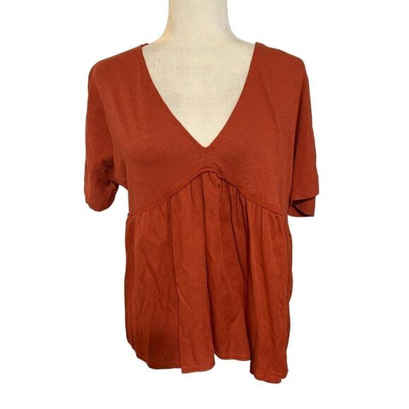 Zara Womens Solid Russet Orange Red Short Sleeve V Neck Cotton Linen Top Small - Picture 1 of 4